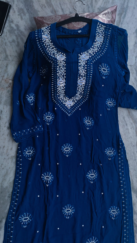 Deep Blue Ombre Noori premium georgette Chikankari kurta with intricate cutdana embroidery, handmade Lucknow Chikankari by LVW Fashions.
