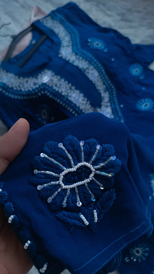 Deep blue ombre Noori premium georgette Chikankari kurta with intricate cutdana embroidery, handmade in Lucknow by LVW Fashions.