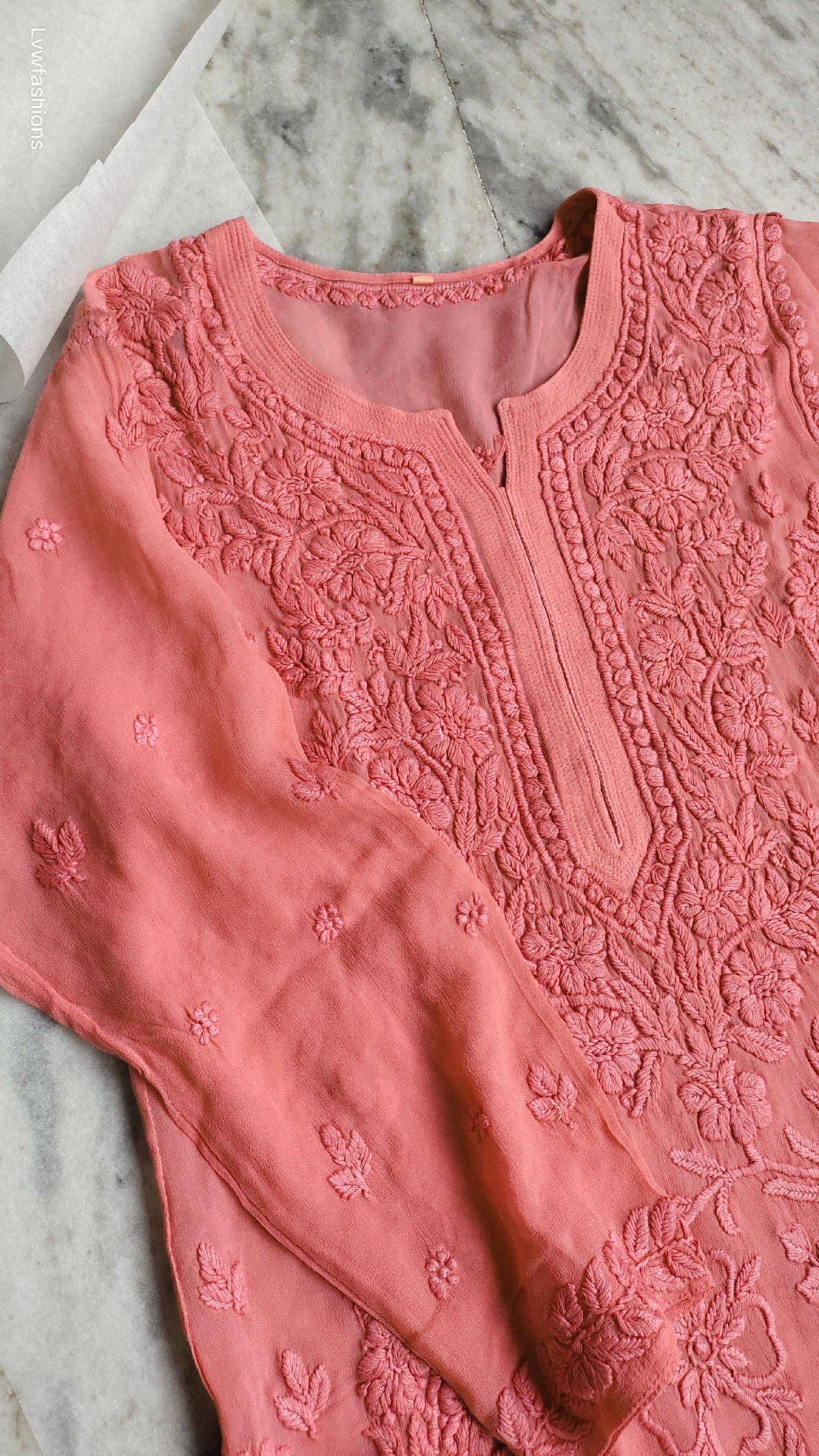 Deep chestnut premium georgette floral Chikankari kurta set by LVW Fashions, handmade Lucknow Chikankari with intricate embroidery.
