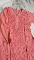 Deep chestnut premium georgette floral Chikankari Kurta set by LVW Fashions, handmade Lucknow Chikankari with intricate embroidery.