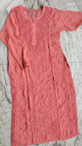 Deep chestnut premium georgette floral Chikankari kurta set by LVW Fashions, handmade Lucknow Chikankari with intricate embroidery.