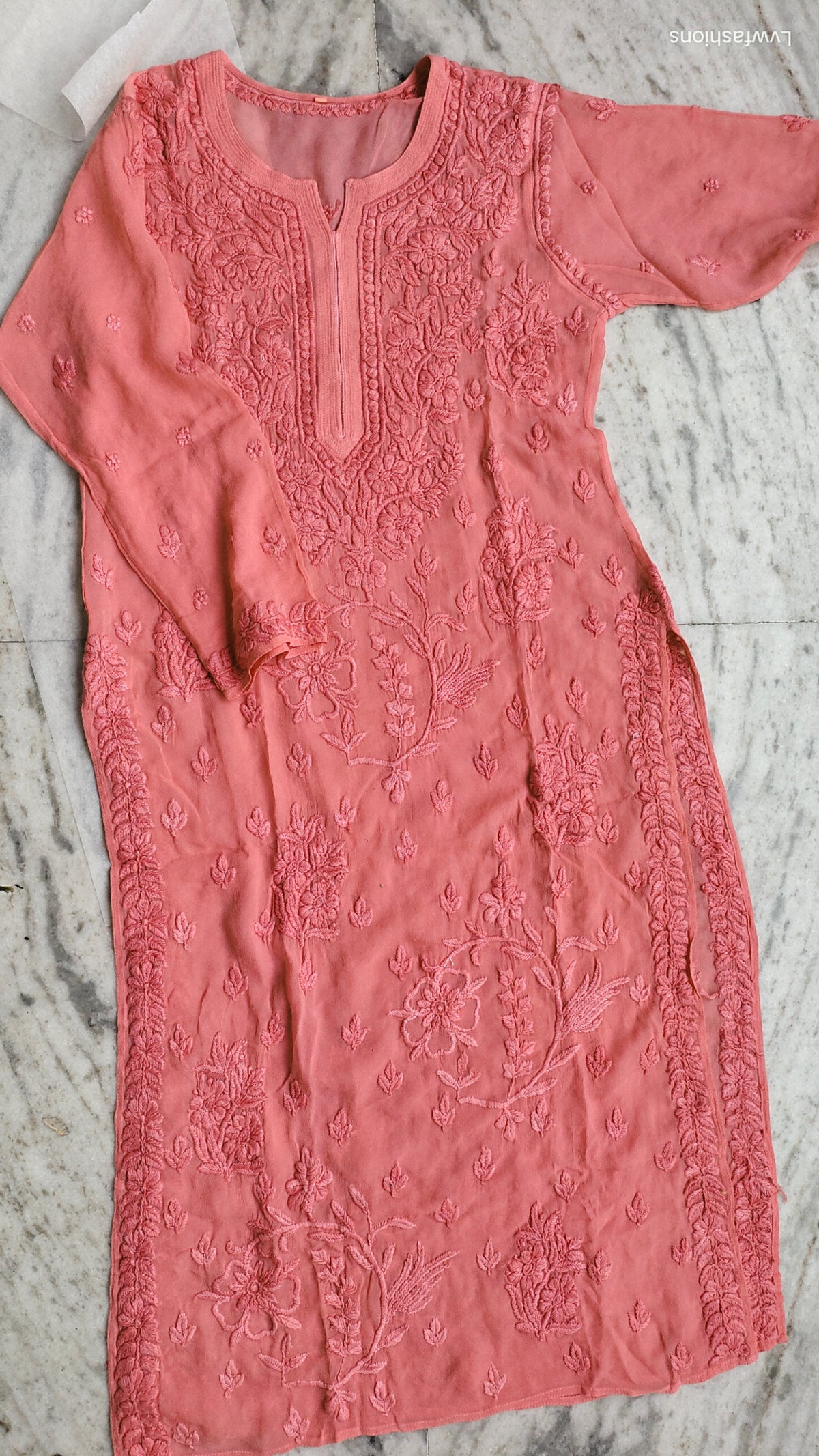 Deep chestnut premium georgette floral Chikankari kurta set by LVW Fashions, handmade Lucknow Chikankari with intricate embroidery.