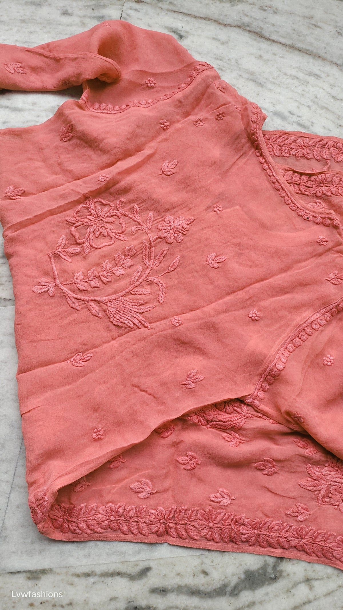 Deep chestnut premium georgette floral Chikankari kurta set by LVW Fashions, featuring intricate handmade Lucknow Chikankari embroidery.