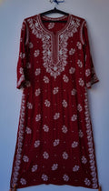 Deep maroon Noori premium georgette Chikankari kurta with intricate cutdana embroidery, handmade Lucknow Chikankari by LVW Fashions.