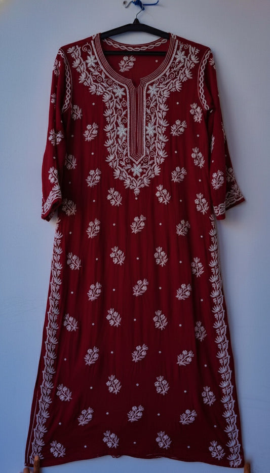 Deep maroon Noori premium georgette Chikankari kurta with intricate cutdana embroidery, handmade Lucknow Chikankari by LVW Fashions.