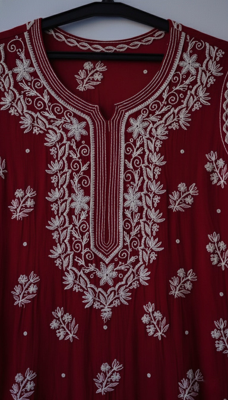 Deep maroon Noori premium georgette Chikankari kurta with intricate cutdana embroidery, handmade in Lucknow by LVW Fashions.