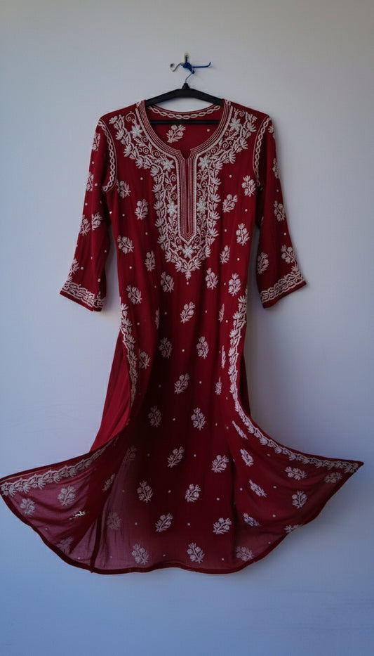 Deep maroon Noori premium georgette Chikankari Kurta with intricate Cutdana embroidery, handmade by LVW Fashions from Lucknow.