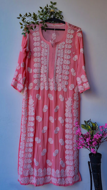 Deep puce premium georgette long kurti with intricate handmade Lucknow chikankari embroidery by LVW Fashions.