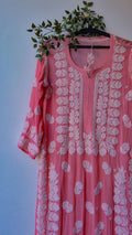 Deep puce LVW Fashions luxury georgette chikankari long kurti with intricate handmade Lucknow embroidery, perfect for elegant traditional wear.