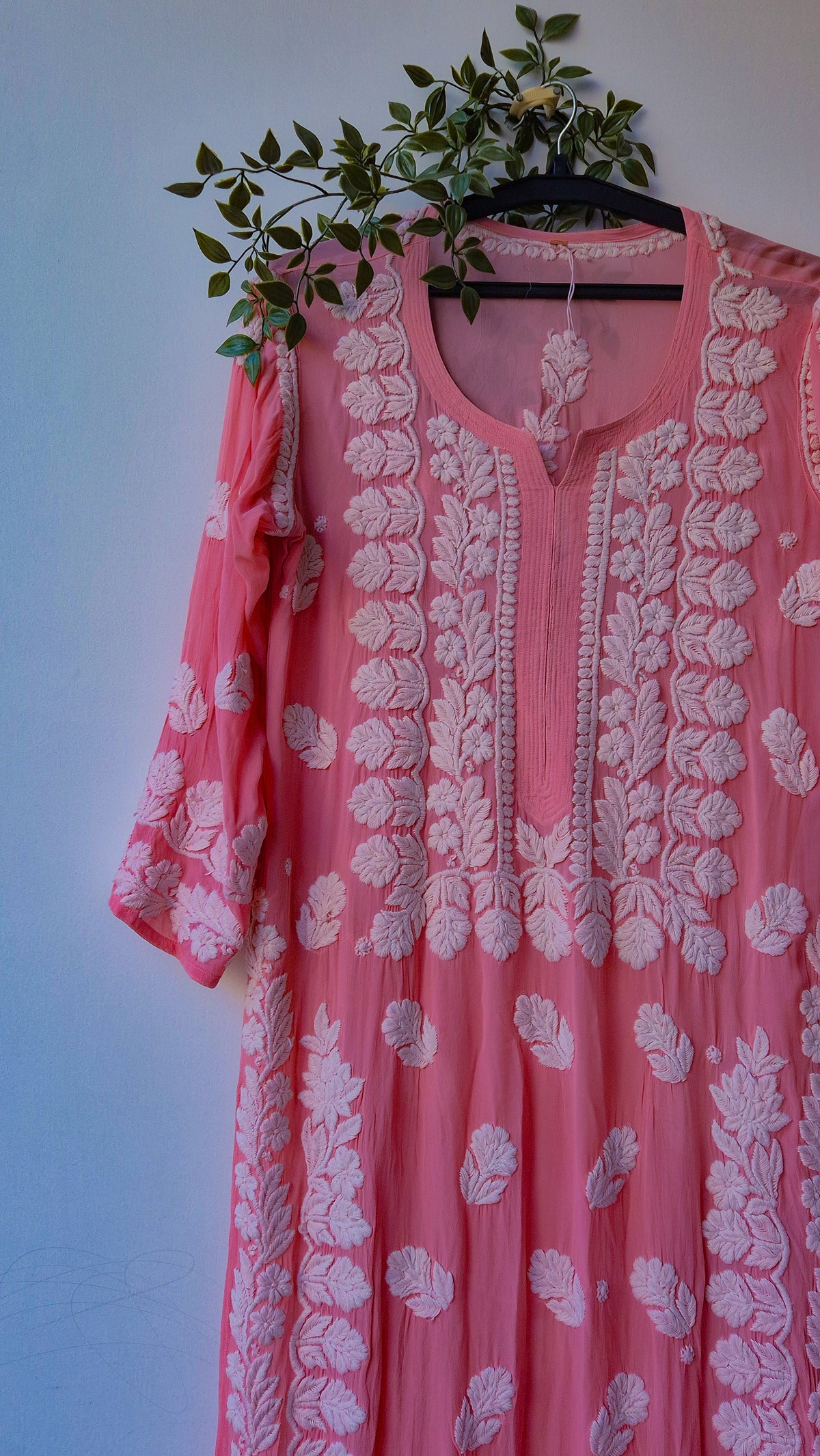 Deep puce LVW Fashions luxury georgette chikankari long kurti with intricate handmade Lucknow embroidery, perfect for elegant traditional wear.