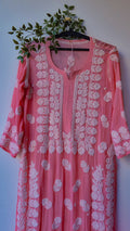 Deep puce LVW Fashions luxury georgette long kurti with intricate handmade Lucknow chikankari embroidery.