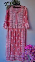 Deep puce LVW Fashions luxury georgette kurti with intricate Lucknow chikankari embroidery, long handmade kurta for women.