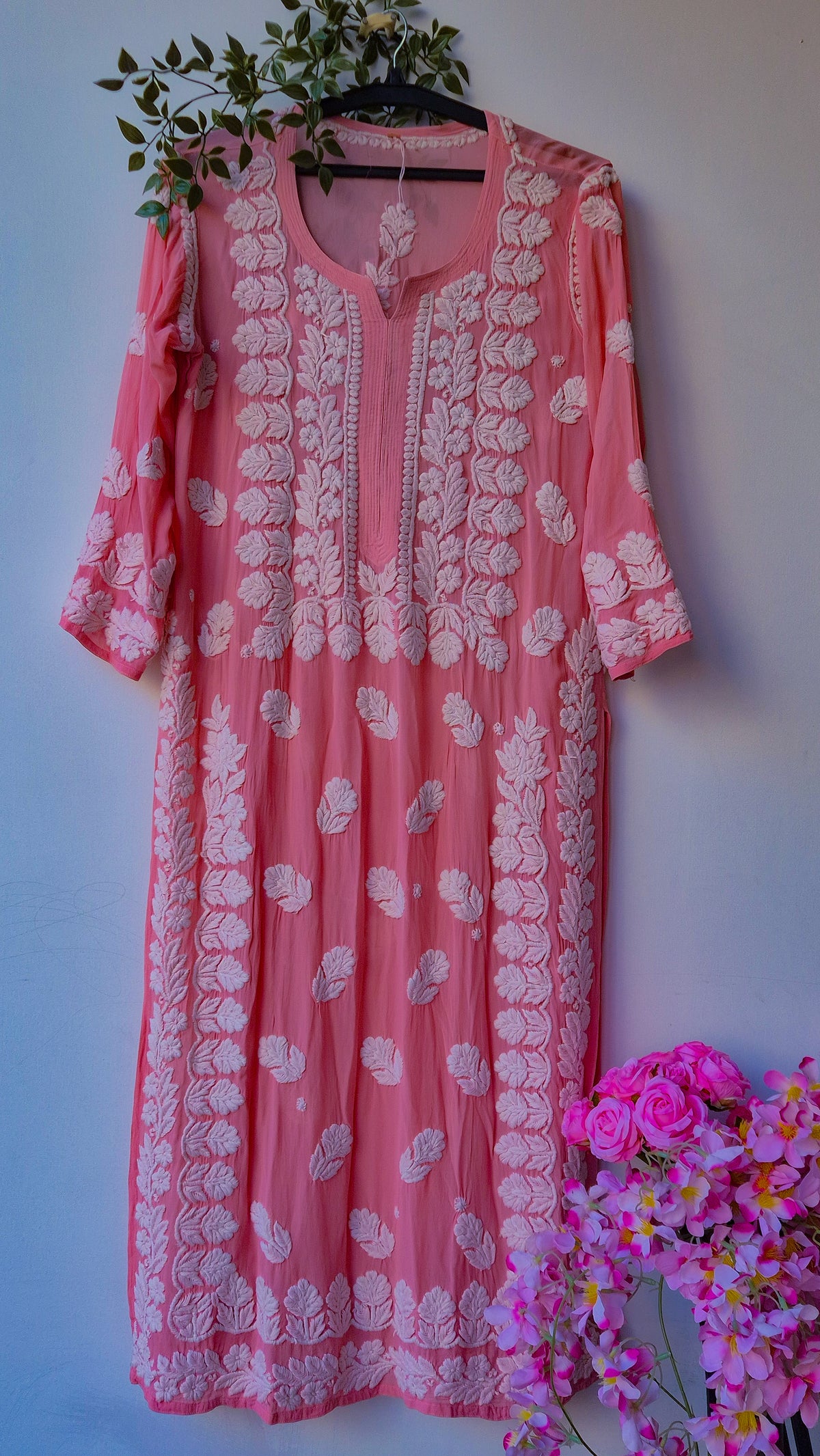 Deep puce LVW Fashions luxury georgette kurti with intricate Lucknow chikankari embroidery, long handmade kurta for women.
