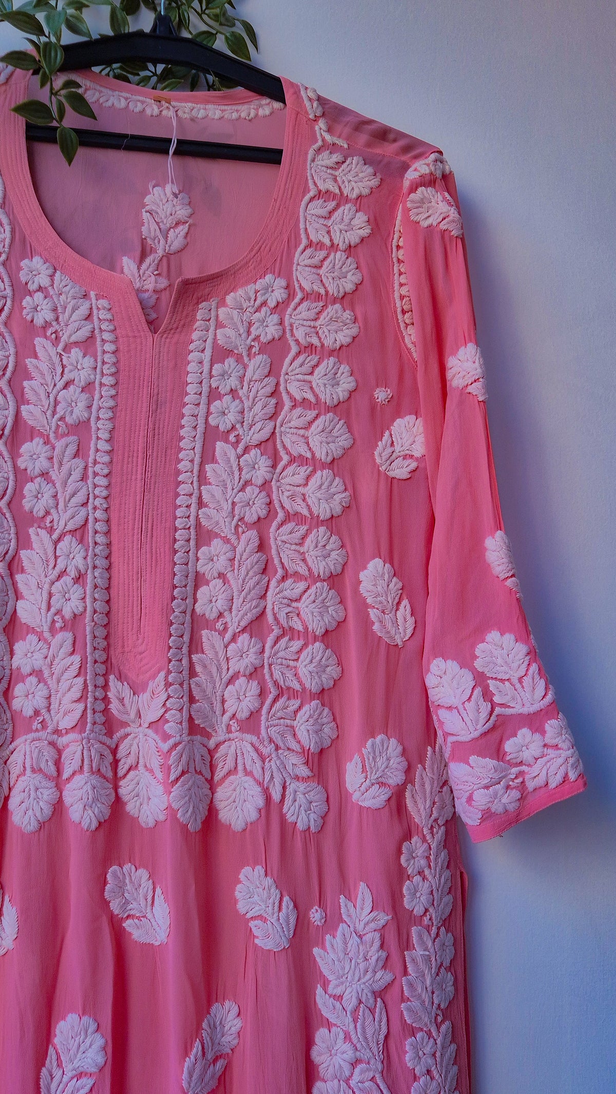 Deep puce luxury georgette long kurti with intricate handmade Lucknow chikankari embroidery by LVW Fashions.