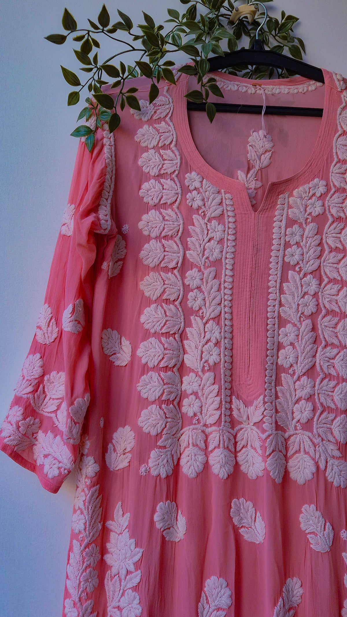 Deep Puce premium georgette long kurti with intricate handmade Lucknow Chikankari embroidery, designed by LVW Fashions.