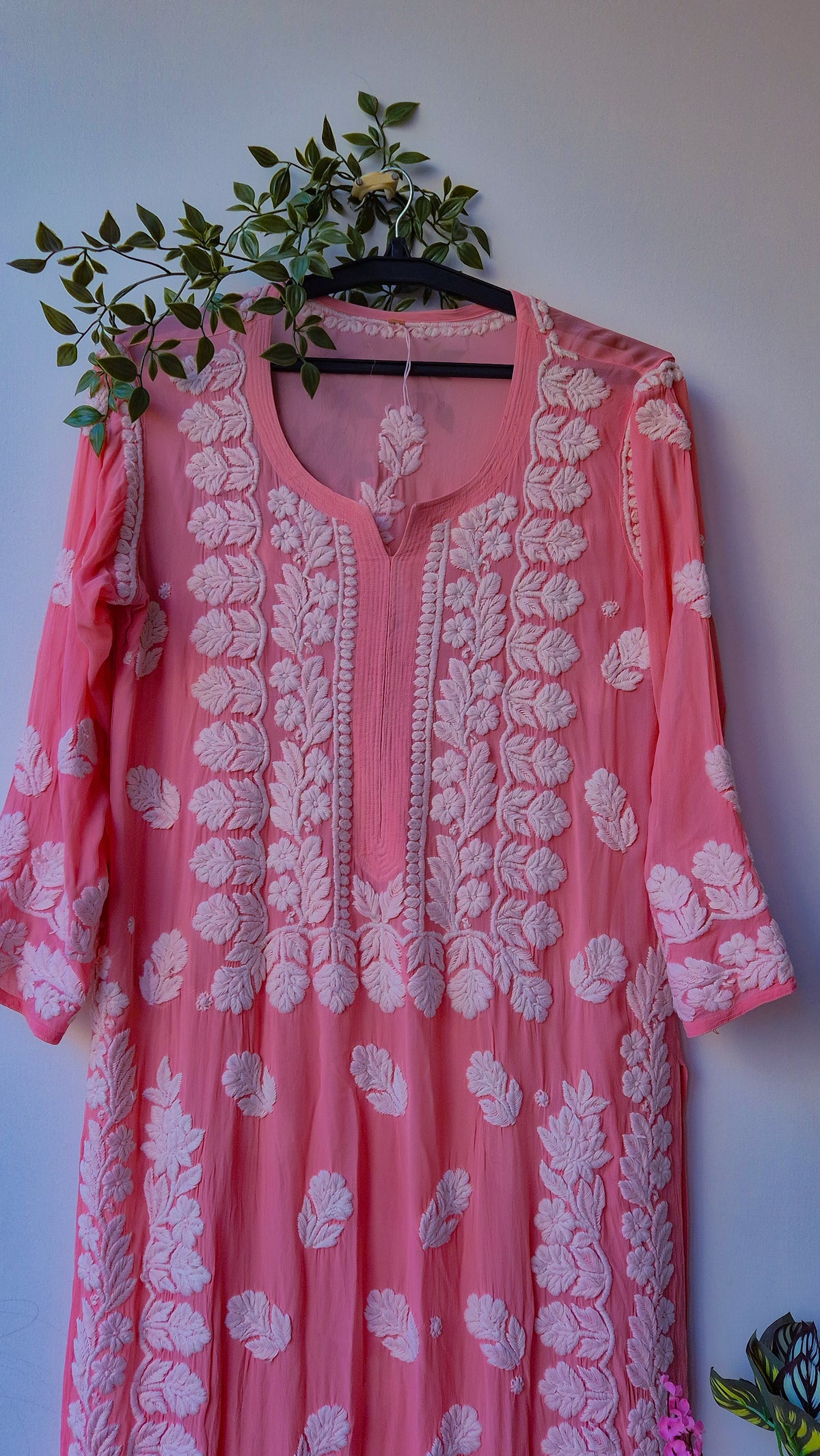 Deep puce premium georgette long kurti with intricate handmade Lucknow chikankari embroidery by LVW Fashions.