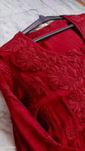 Deep red plus love soft modal Chikankari kurta by LVW Fashions, handmade Lucknow Chikankari with intricate embroidery.