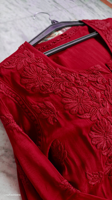 Deep red plus love soft modal Chikankari kurta by LVW Fashions, handmade Lucknow Chikankari with intricate embroidery.