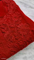 Deep red plus love soft modal Chikankari kurta by LVW Fashions, handmade Lucknow Chikankari, featuring intricate embroidery.