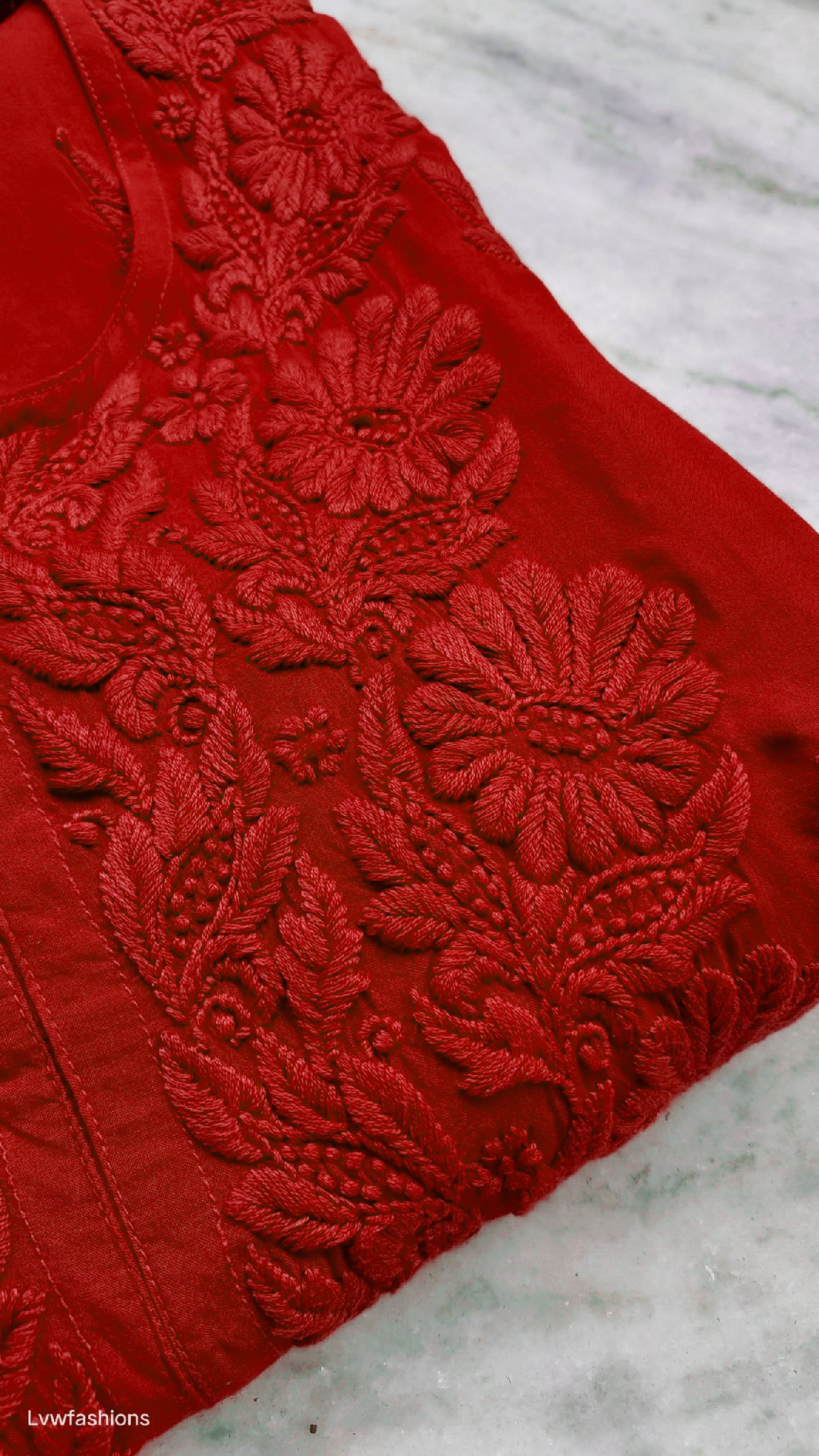 Deep red plus love soft modal Chikankari kurta by LVW Fashions, handmade Lucknow Chikankari, featuring intricate embroidery.