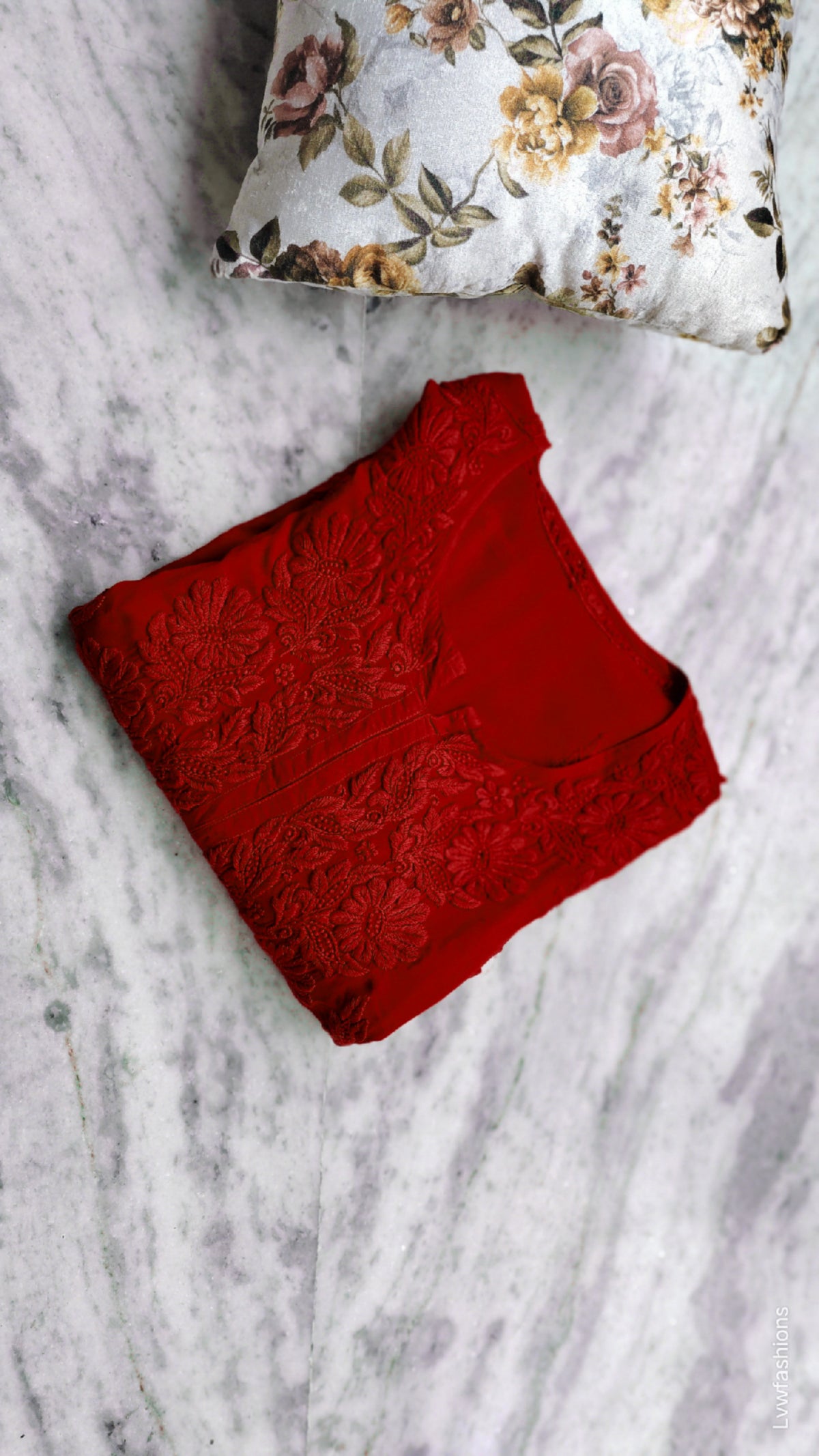 Deep red plus love soft modal chikankari kurta by LVW Fashions, handmade Lucknow Chikankari with intricate embroidery.