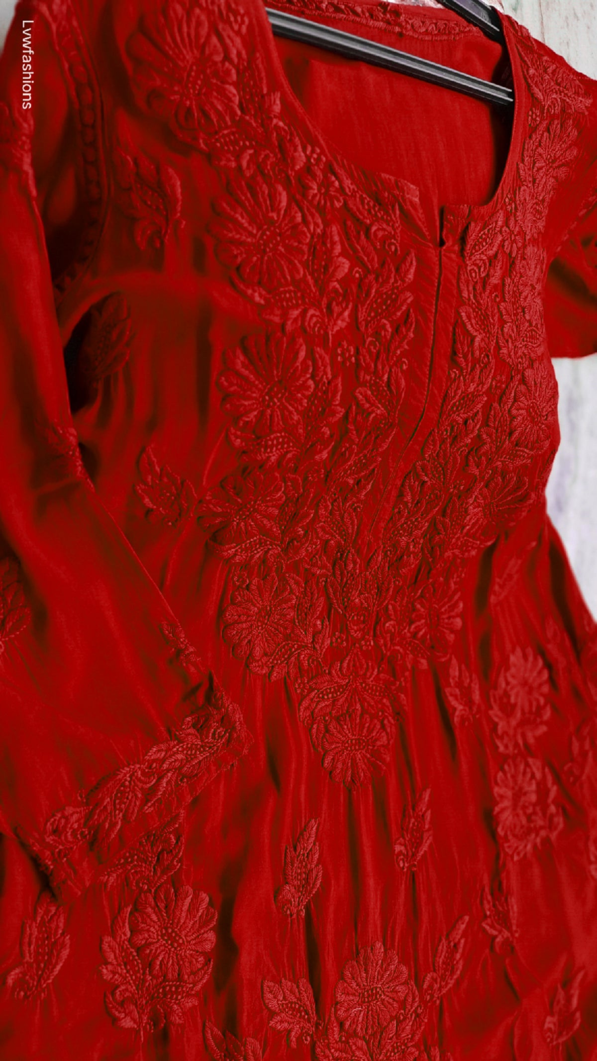 Deep red plus love soft modal Chikankari kurta by LVW Fashions, handmade Lucknow Chikankari with intricate embroidery.