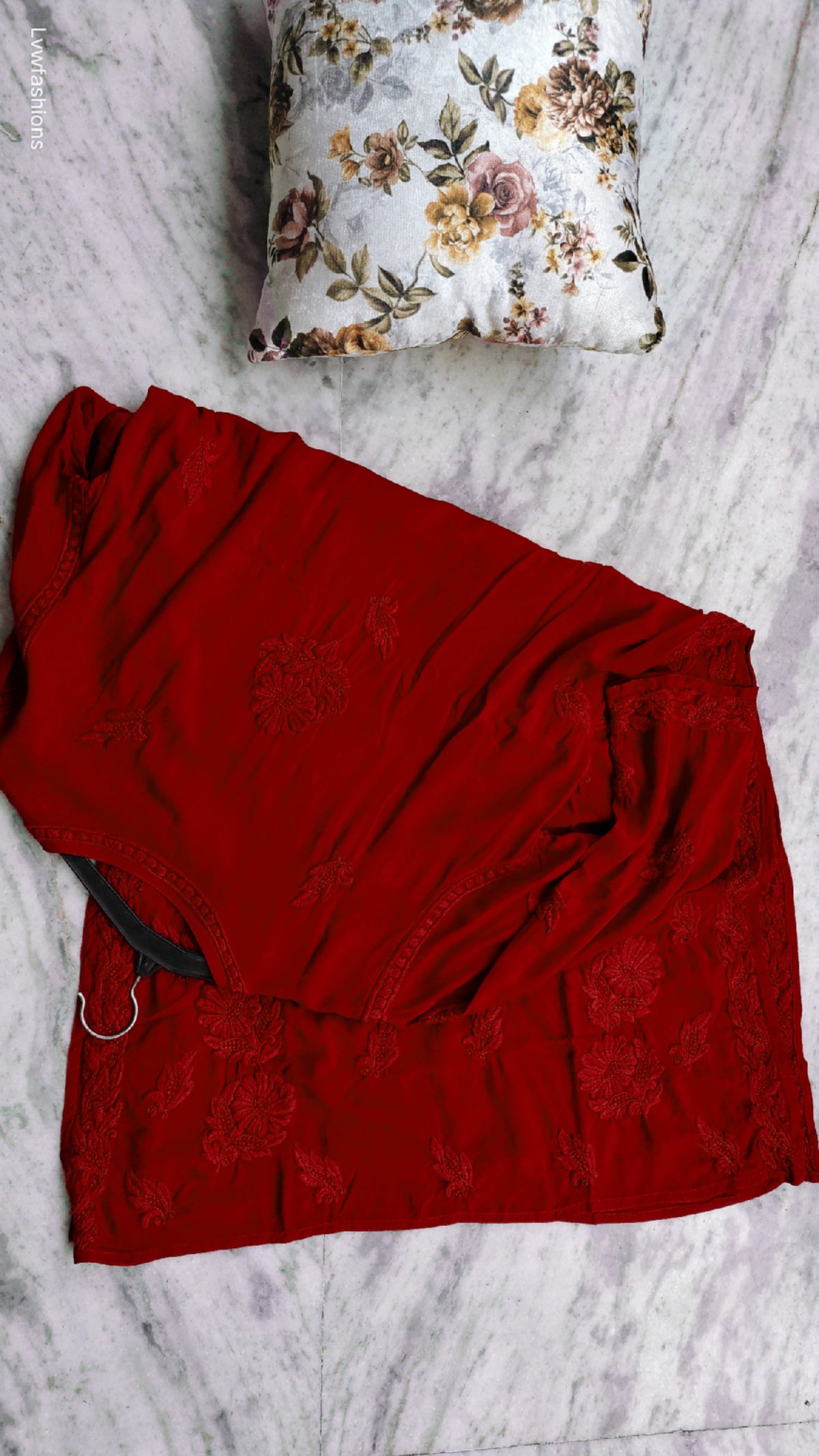 Deep red plus love soft modal Chikankari kurta by LVW Fashions, handmade Lucknow Chikankari with intricate embroidery.