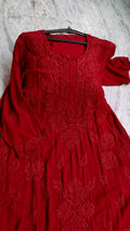 Deep red plus love soft modal chikankari kurta by LVW Fashions, handmade Lucknow chikankari with intricate embroidery.