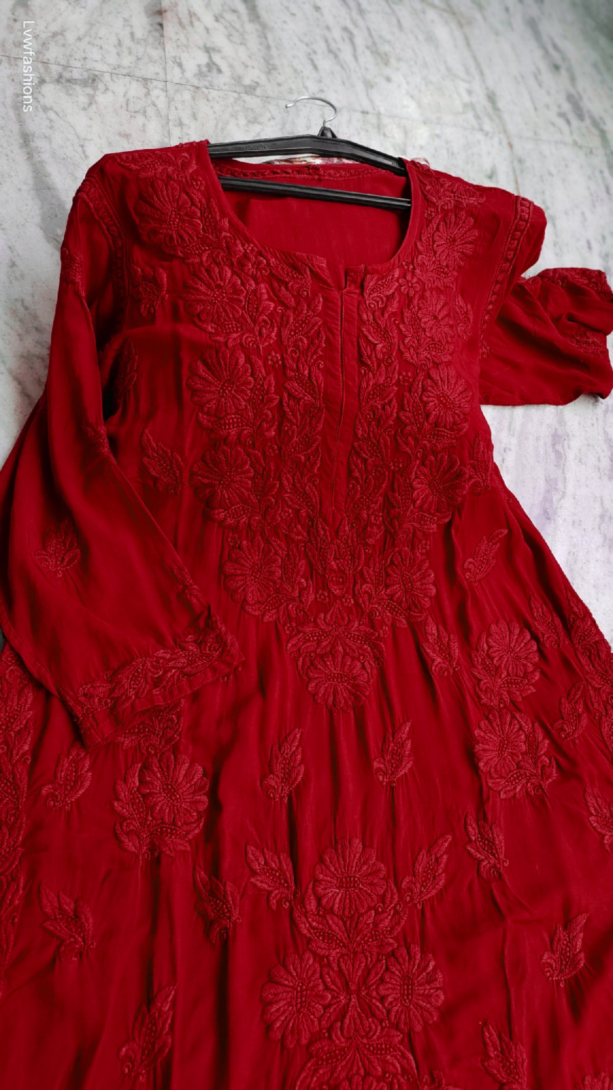 Deep red plus love soft modal chikankari kurta by LVW Fashions, handmade Lucknow chikankari with intricate embroidery.