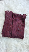 Deep Ruby premium Georgette long kurta with intricate Chikankari and Mukaish Jaal embroidery, handmade by LVW Fashions.