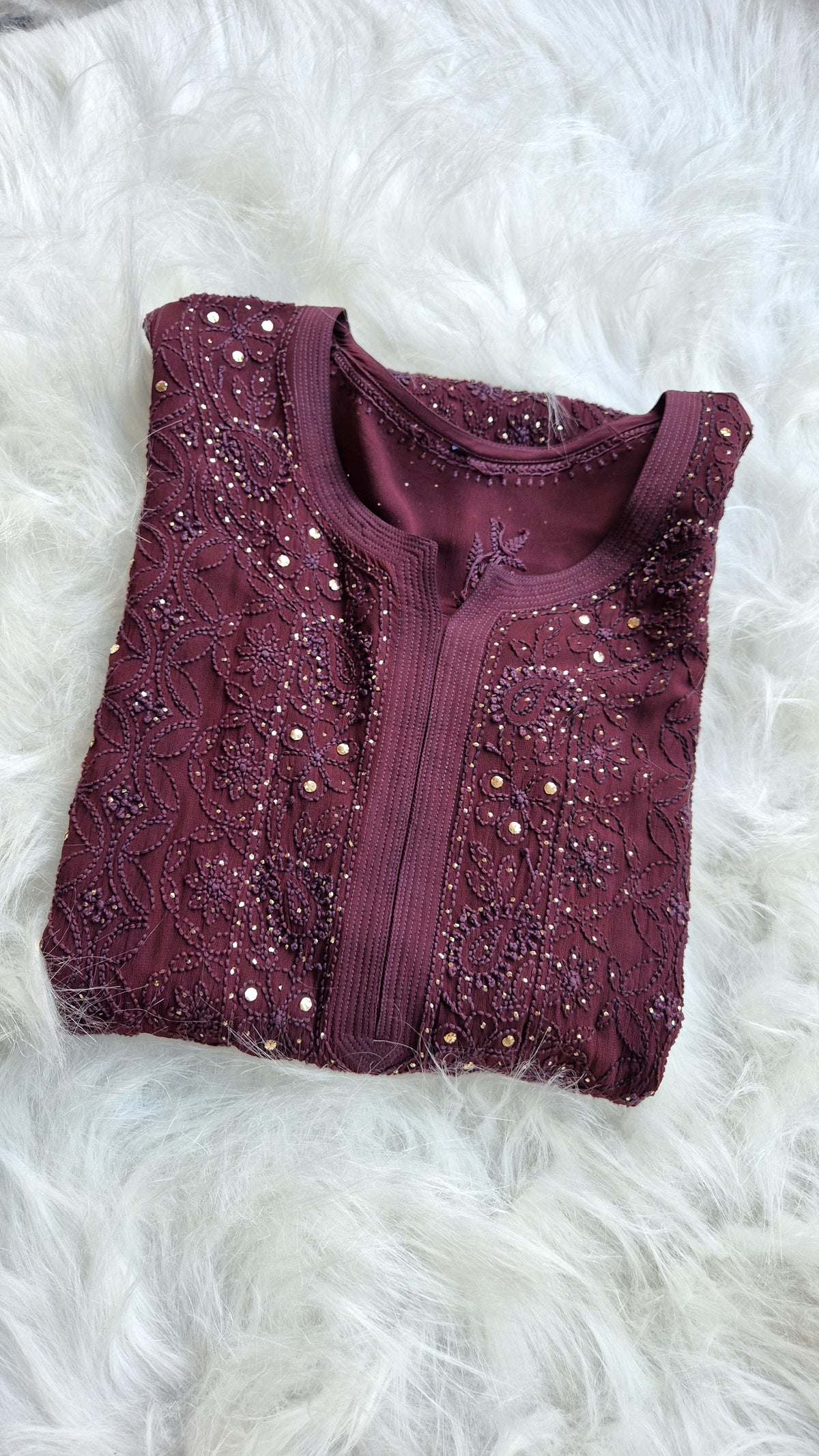Deep Ruby premium Georgette long kurta with intricate Chikankari and Mukaish Jaal embroidery, handmade by LVW Fashions.