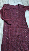 Deep ruby premium georgette long kurta with luxurious chikankari and mukaish jaal detailing, handmade in Lucknow by LVW Fashions.