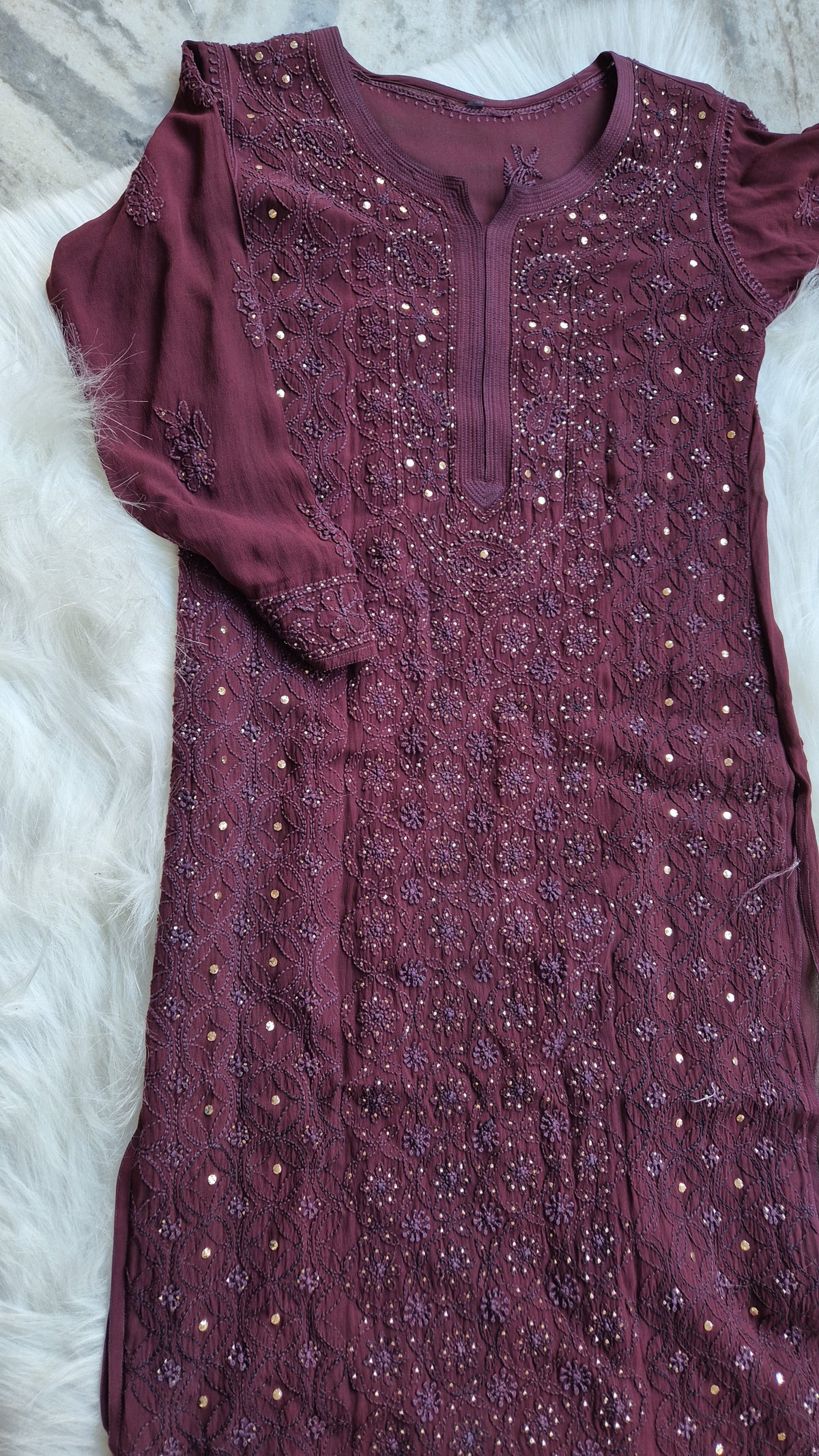Deep Ruby premium Georgette long Kurta with luxurious Chikankari and Mukaish Jaal embroidery, handcrafted in Lucknow by LVW Fashions.