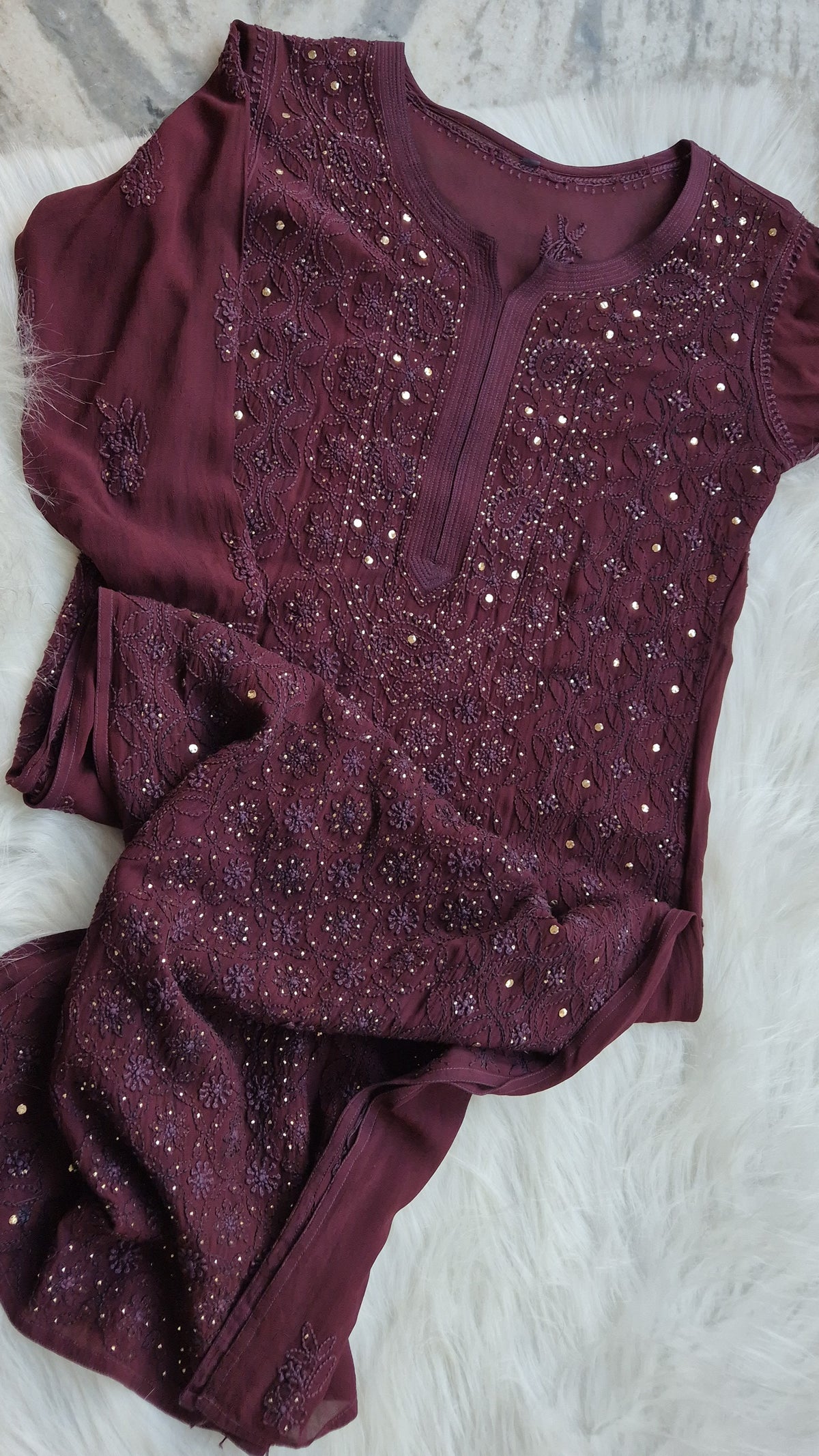 Deep Ruby premium georgette long kurta with luxurious Chikankari and Mukaish Jaal embroidery, handmade by LVW Fashions.