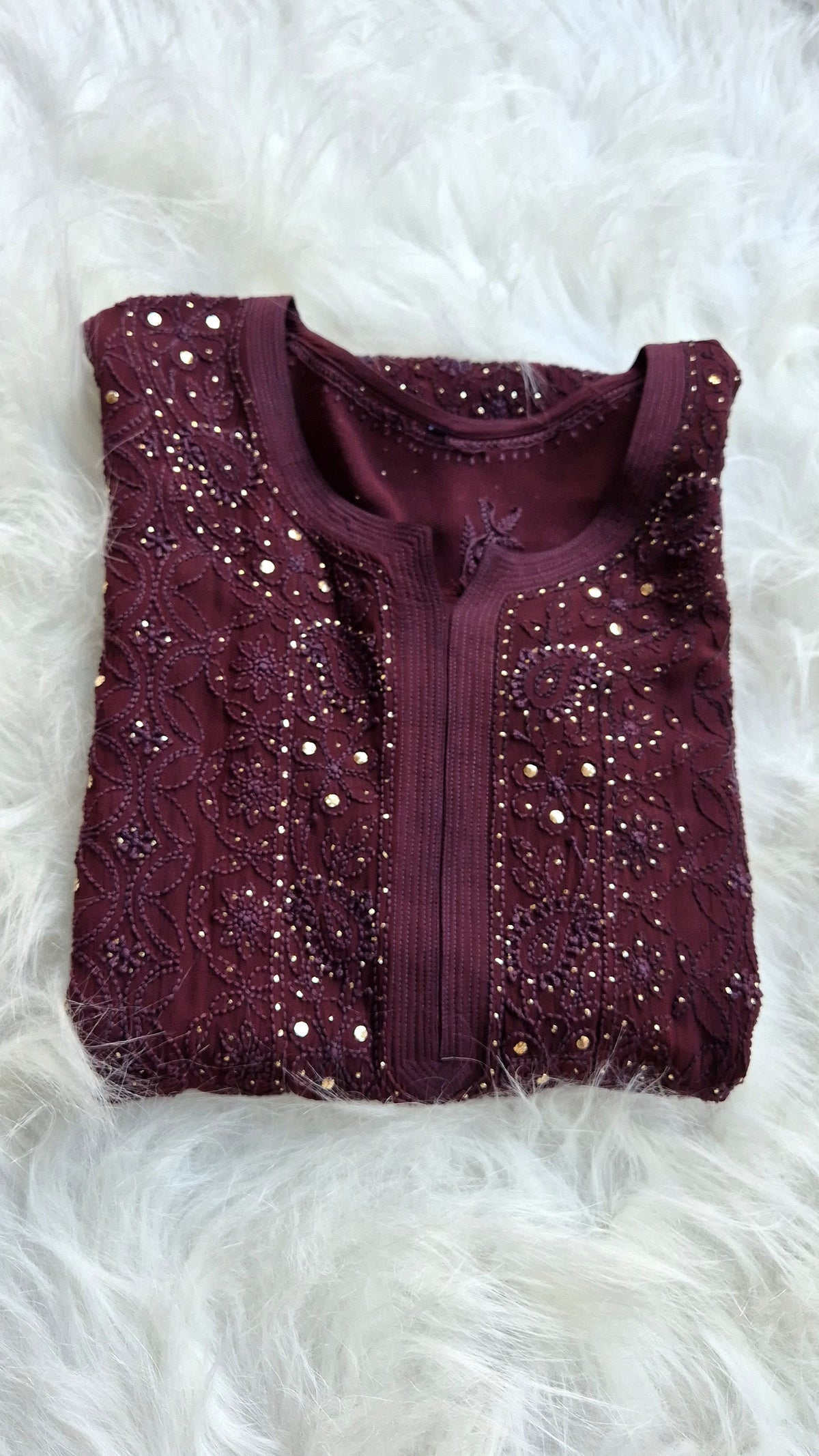 Deep ruby premium georgette long kurta with luxurious chikankari and mukaish jaal by LVW Fashions, handmade Lucknow Chikankari.