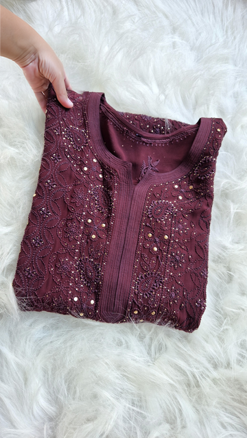 Deep Ruby premium georgette long kurta with luxurious Chikankari and Mukaish Jaal embroidery from LVW Fashions, handmade in Lucknow.