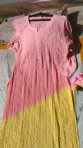 Handcrafted Lucknow Chikankari long kurta with double shade Noori full jaal pearl cutdana embroidery by LVW Fashions.