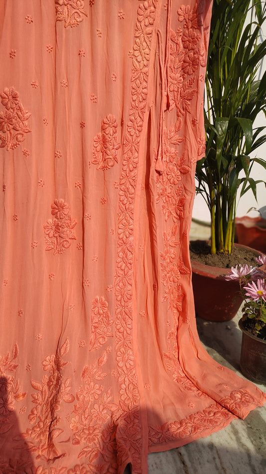 Duaa Peach Love premium georgette Angrakha kurta with intricate Lucknow Chikankari embroidery by LVW Fashions.