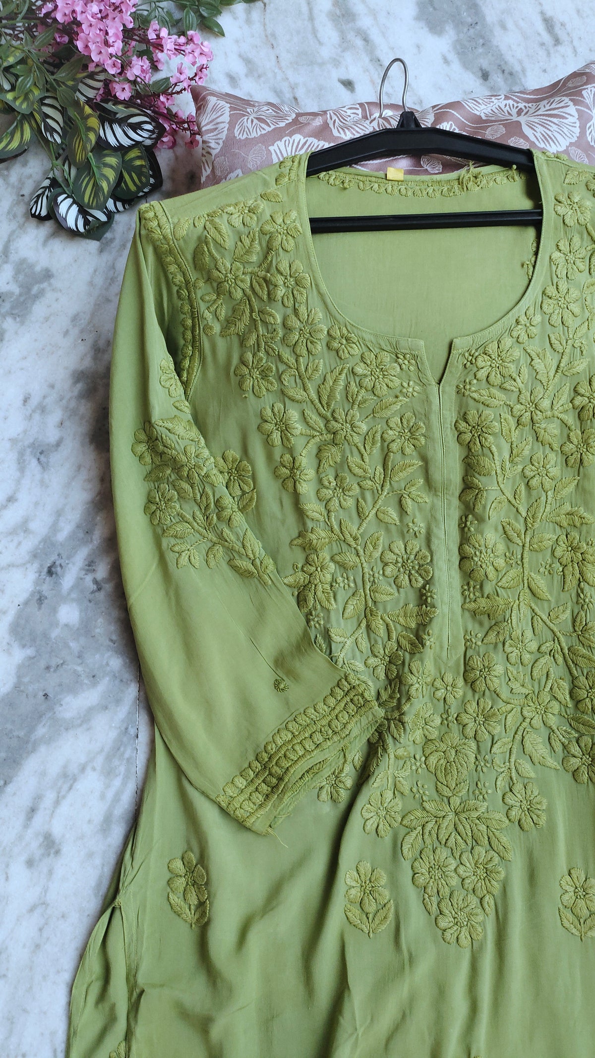 Handmade green Chikankari kurta by LVW Fashions in soft cotton, featuring intricate Lucknow embroidery and long style.