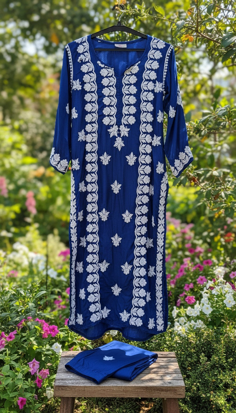 Electric blue premium silk long kurta with intricate handmade Lucknow chikankari embroidery by LVW Fashions.