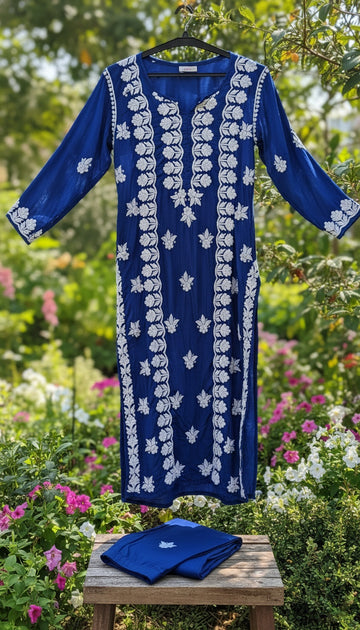 Electric blue premium silk chikankari long kurta by LVW Fashions featuring intricate handmade Lucknow chikankari embroidery.