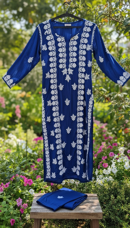 Electric blue premium silk chikankari long kurta by LVW Fashions featuring intricate handmade Lucknow chikankari embroidery.