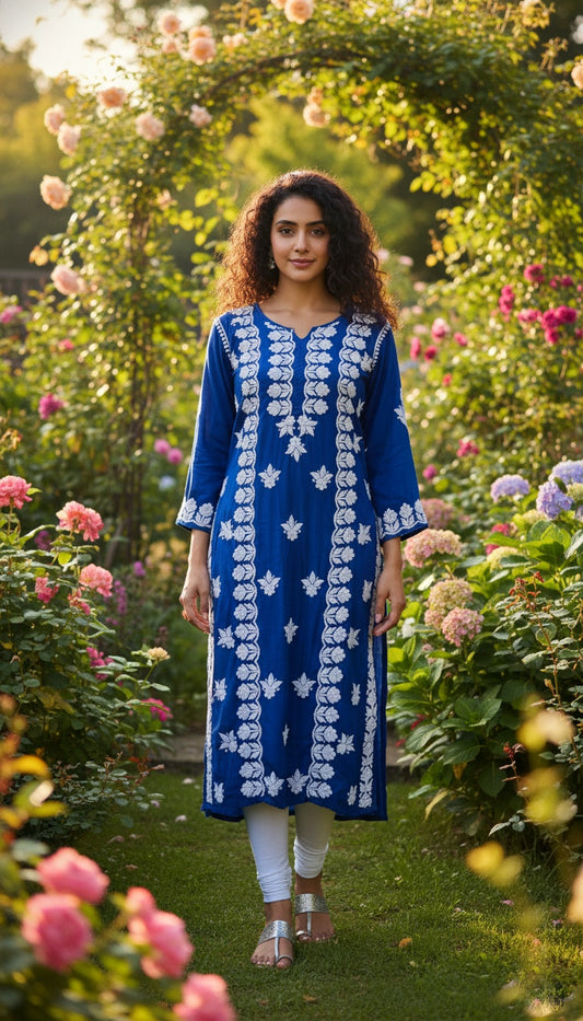 Electric blue silk chikankari long kurta by LVW Fashions featuring intricate handcrafted Lucknow chikankari embroidery.