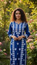 Electric blue silk Chikankari long kurta by LVW Fashions featuring intricate handmade Lucknow Chikankari embroidery.