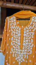Elif Premium Silk Chikankari Kurta Set by LVW Fashions in luxurious handmade Kamdani silk with intricate Lucknow chikankari embroidery.