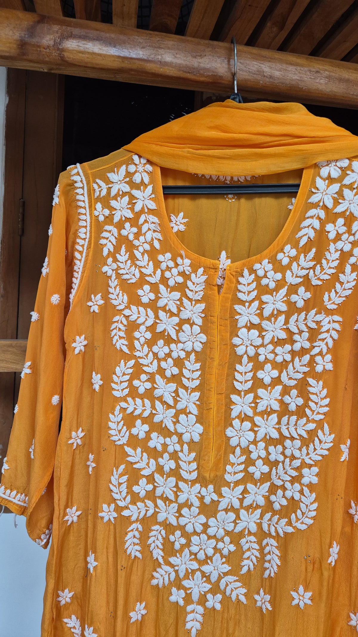 Elif Premium Silk Chikankari Kurta Set by LVW Fashions in luxurious handmade Kamdani silk with intricate Lucknow chikankari embroidery.