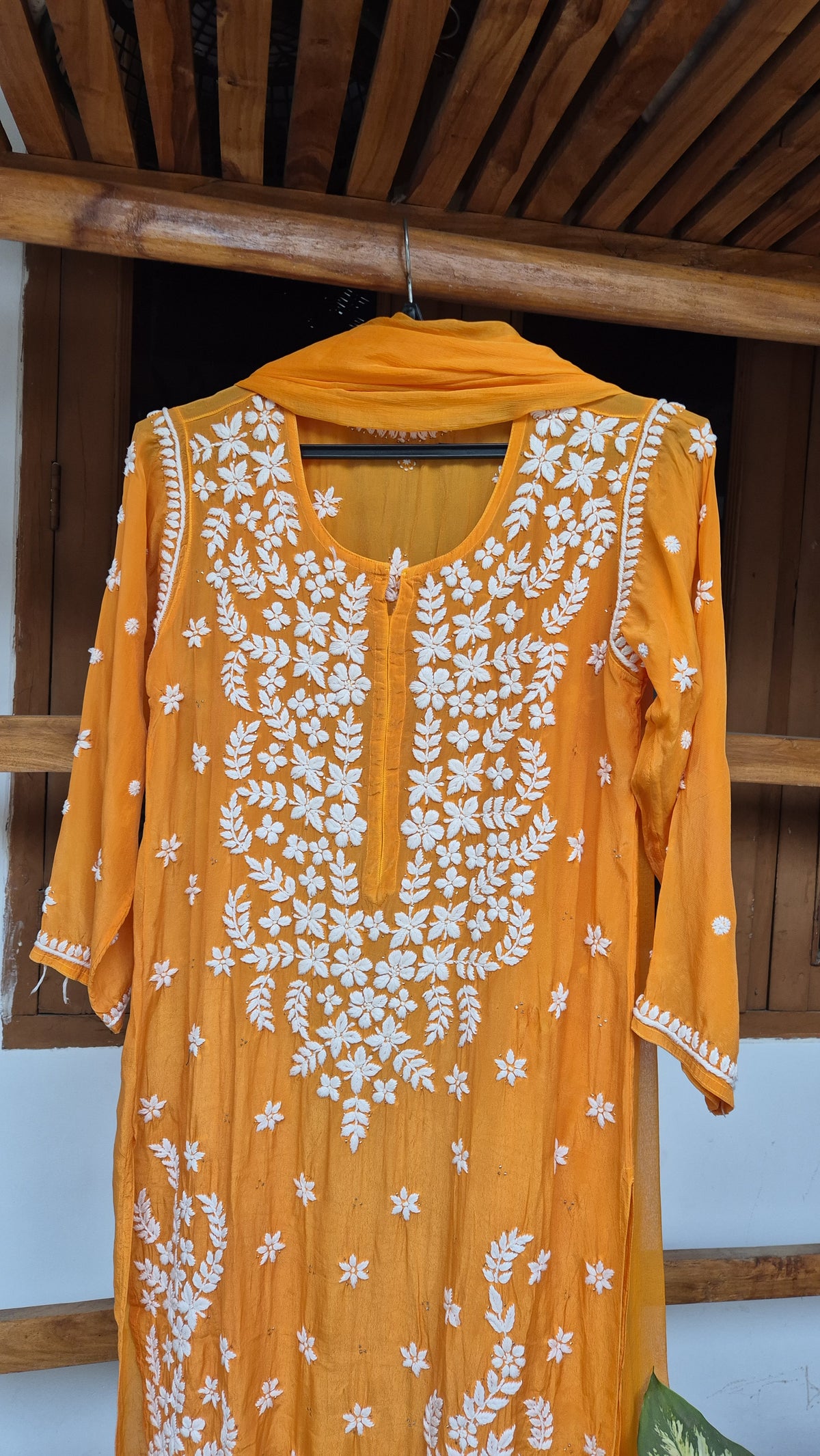 Elif Premium Silk Chikankari Kamdani Kurta Set by LVW Fashions, luxurious handcrafted silk kurta with intricate Lucknow chikankari details.