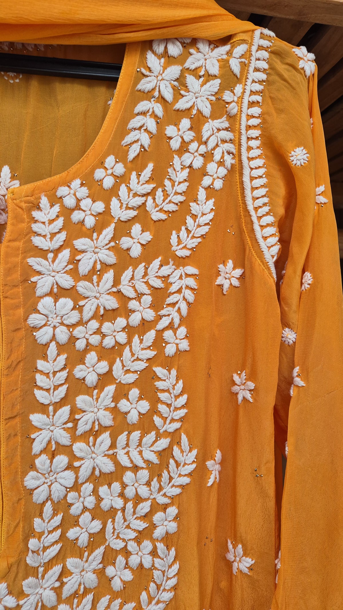Luxurious Elif premium silk Kamdani Kurta set by LVW Fashions featuring intricate handmade Lucknow Chikankari embroidery.