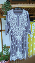 Grayish blue silk Chikankari Kurta with heavy neck design by LVW Fashions, handcrafted Lucknow Chikankari, premium quality.