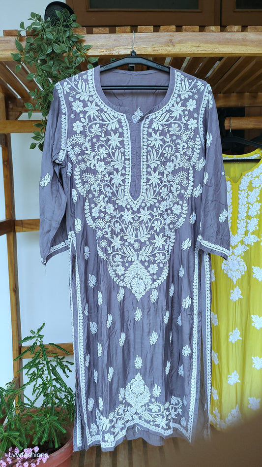 Grayish blue silk Chikankari Kurta with heavy neck design by LVW Fashions, handcrafted Lucknow Chikankari, premium quality.